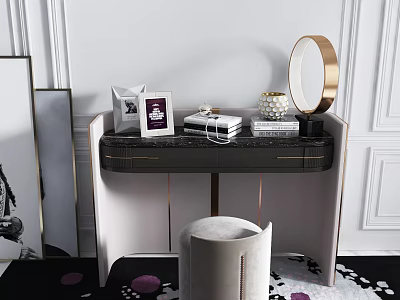 Elegant Modern Dressing Table With Black Countertop Gold Round Mirror And Velvet Stool 3d model