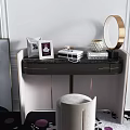 Elegant Modern Dressing Table With Black Countertop Gold Round Mirror And Velvet Stool
