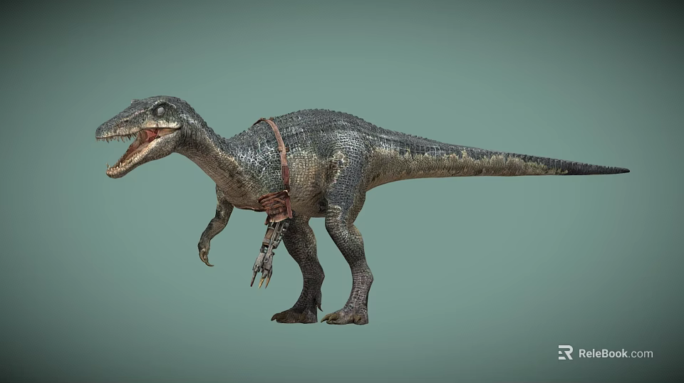 Realistic Dinosaur Model With Scaly Skin Open Mouth And Leather Strap On Body 3d model 