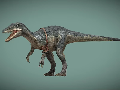 Realistic Dinosaur Model With Scaly Skin Open Mouth And Leather Strap On Body 3d model