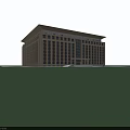 Modern Office Building Exterior With Stone Facade Large Windows Sloped Roof And Green Lawn