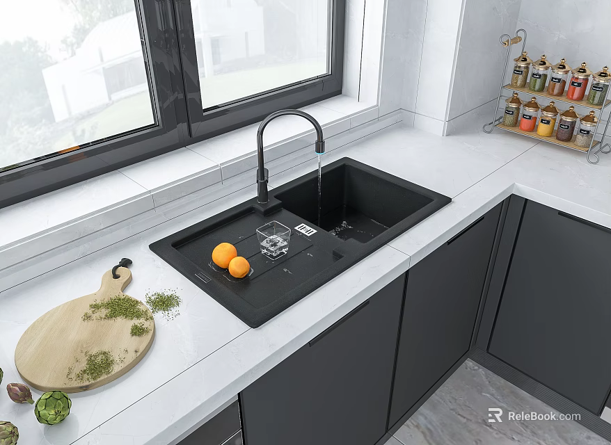 Modern Kitchen Black Sink With Running Faucet White Countertop Cutting Board Oranges And Gray Cabinets 3d model 