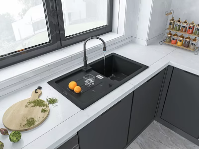 Modern Kitchen Black Sink With Running Faucet White Countertop Cutting Board Oranges And Gray Cabinets 3d model