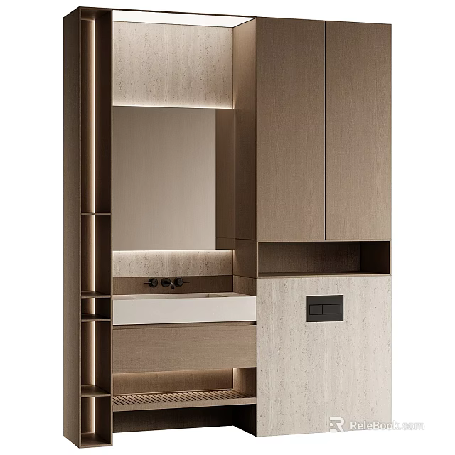 Modern Washbasin Vanity Design With Wooden Cabinets Marble Countertop And Mirror 3d model 