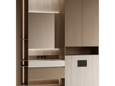 Modern Washbasin Vanity Design With Wooden Cabinets Marble Countertop And Mirror 3d model