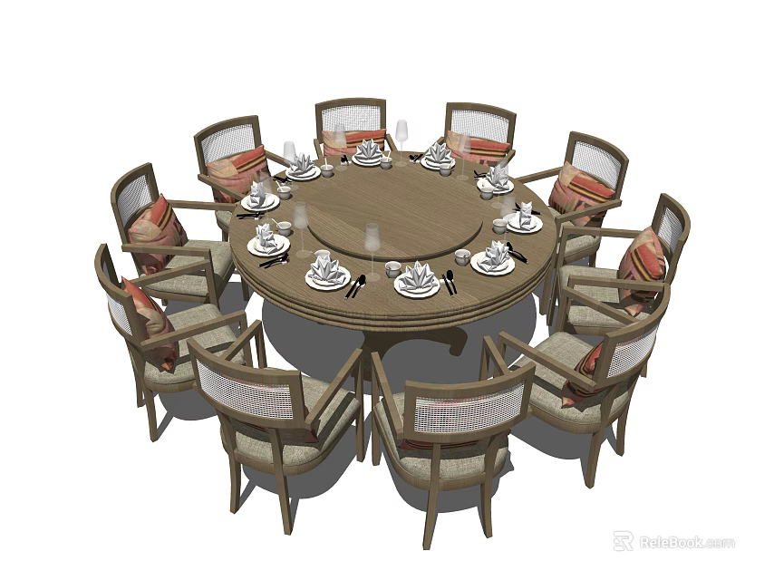 Round Dining Table Set With Multiple Upholstered Chairs And Tableware 3d model