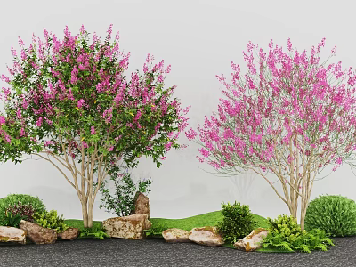 Garden Landscape Featuring Pink Flowering Trees Stones Green Shrubs And Grass 3d model