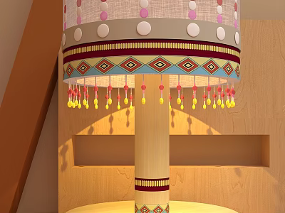 Decorative Table Lamp with Colorful Polka Dots Fringe and Geometric Pattern Wooden Stand 3d model