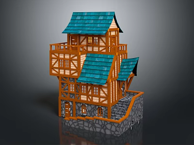 Wooden House Model With Blue Roof Multi Level Structure Stone Base And Staircase Design 3d model