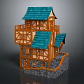 Wooden House Model With Blue Roof Multi Level Structure Stone Base And Staircase Design