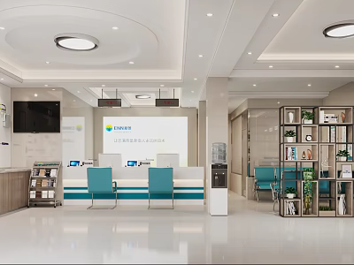 Modern Service Hall Interior Design With Reception Desk Waiting Chairs Display Screen And Green Plants 3d model