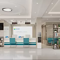 Modern Service Hall Interior Design With Reception Desk Waiting Chairs Display Screen And Green Plants