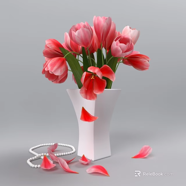 Elegant White Vase With Pink Tulips And Pearl Necklace Fallen Petals 3d model 