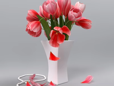 Elegant White Vase With Pink Tulips And Pearl Necklace Fallen Petals 3d model