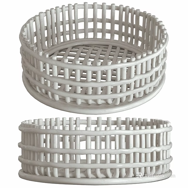White Woven Kitchen Storage Baskets Two Piece Set With Decorative Design 3d model 