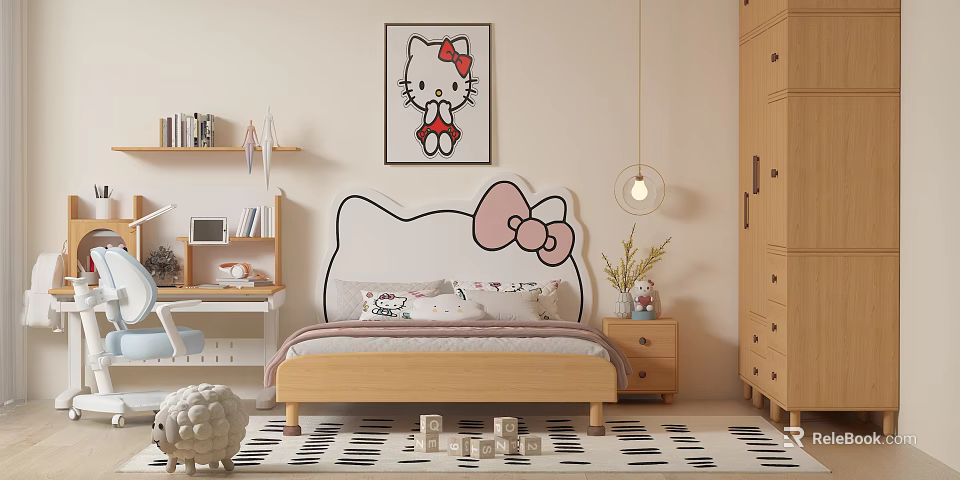 Hello Kitty Kids Bed With Pink Bow Headboard Study Desk Storage And Wall Art 3d model 