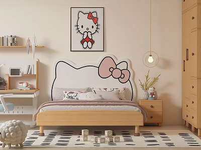 Hello Kitty Kids Bed With Pink Bow Headboard Study Desk Storage And Wall Art 3d model