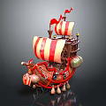 Playful Cartoon Water Vehicle With Red White Sails And Decorative Hull