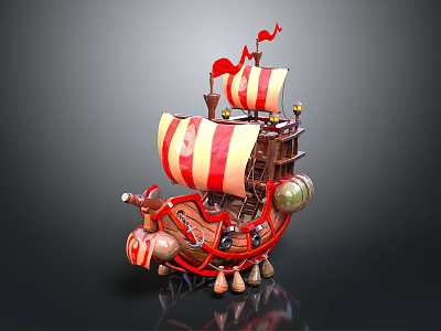 Playful Cartoon Water Vehicle With Red White Sails And Decorative Hull 3d model