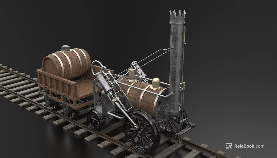 Vintage Steam Train With Wooden Cart Barrels And Metal Chimney On Railway Tracks 3d model 