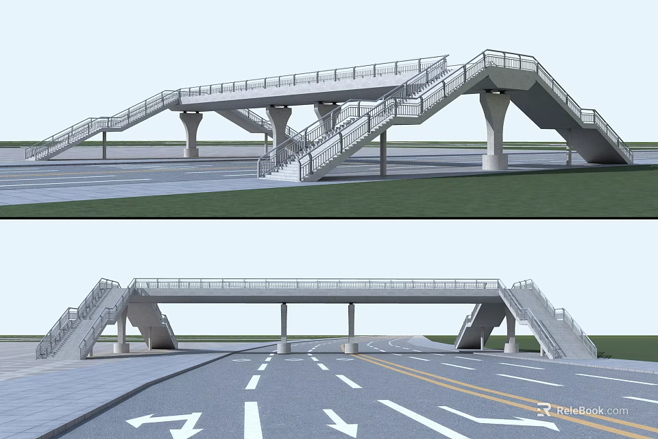 Modern Pedestrian Bridge Over Urban Road With Stairs And Support Columns 3d model 