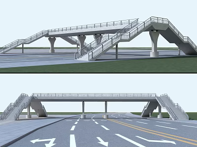 Modern Pedestrian Bridge Over Urban Road With Stairs And Support Columns 3d model