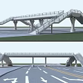 Modern Pedestrian Bridge Over Urban Road With Stairs And Support Columns