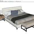 Modern Double Bed with Upholstered Headboard Bed Bench Pillows Bedside Table and Table Lamp 3d model