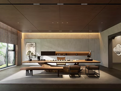 Modern Tea Room Interior Design With Long Wooden Table Chairs Tea Sets And Natural Light 3d model