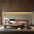 Modern Tea Room Interior Design With Long Wooden Table Chairs Tea Sets And Natural Light