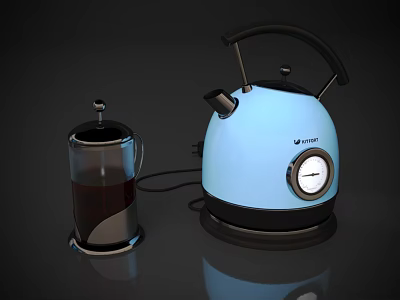 Modern Blue Electric Kettle With Black Handle Thermometer And Glass French Press 3d model