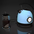 Modern Blue Electric Kettle With Black Handle Thermometer And Glass French Press