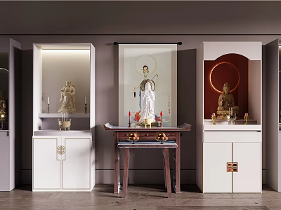 Traditional Style Buddha Niche Cabinets With Religious Statues And Decorations 3d model