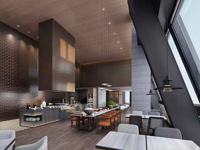 Modern Restaurant Interior With Open Kitchen Brick Wall Hanging Lights And Dining Tables 3d model