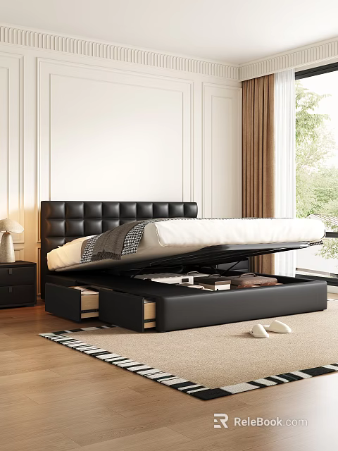 Black Leather Double Bed With Padded Headboard And Hydraulic Storage In Modern Bedroom 3d model 