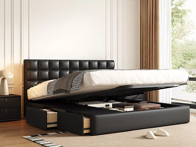 Black Leather Double Bed With Padded Headboard And Hydraulic Storage In Modern Bedroom 3d model