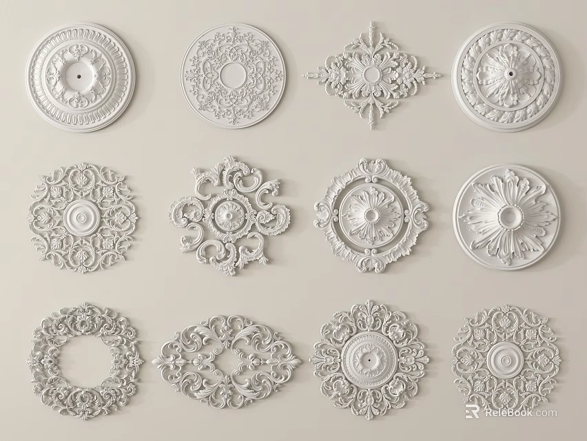 White Ornate Carved Decorative Plates With Various Circular Patterns For Interior Design 3d model