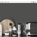 Modern Kitchen Utensils Featuring Wooden Cutting Board Spice Bottles And Silver Toaster