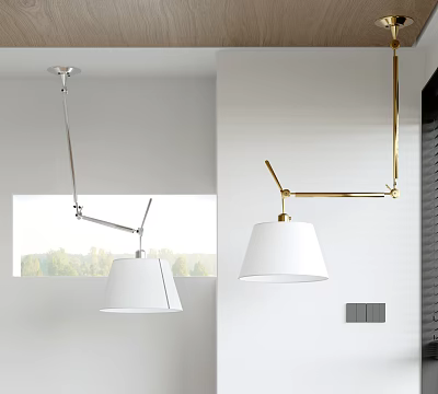 Adjustable Arm Pendant Lights With Silver Gold Metal Frames And White Shades In Modern Interior 3d model