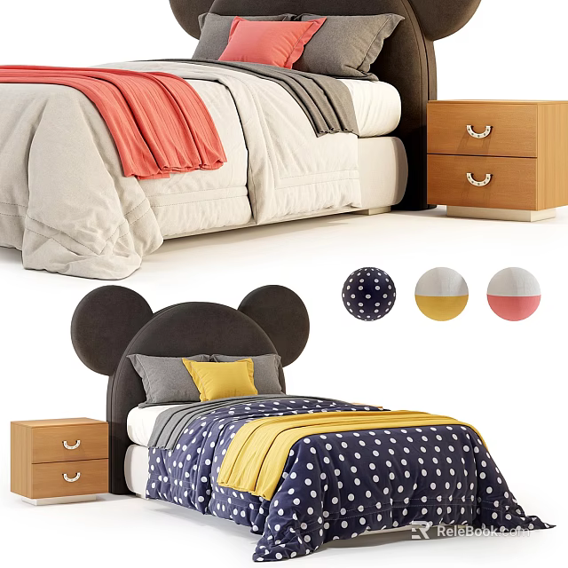 Kids Bed With Mickey Mouse Ears Headboard Polka Dot Bedding Yellow Pillow And Wooden Nightstand 3d model 