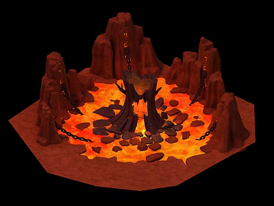Volcanic Scene Featuring Lava Rocks Rocky Cliffs Chains And Central Dead Trees 3d model