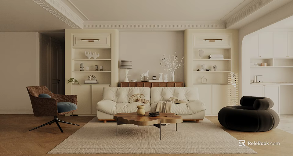 Elegant Living Room Interior Design With White Sofa Wooden Coffee Table And Built In Cabinets 3d model 