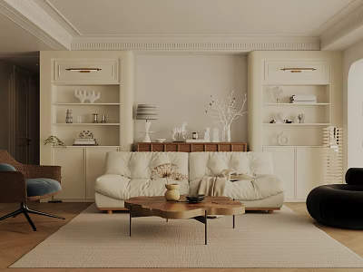Elegant Living Room Interior Design With White Sofa Wooden Coffee Table And Built In Cabinets 3d model