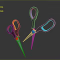 Two Crossed Scissors With Red And Blue Handles And Metal Blades On Dark Background