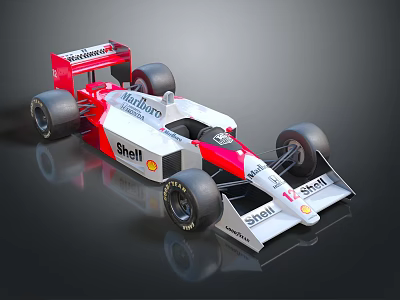 Formula Racing Car With White Red Livery Shell Marlboro Logos And Large Wheels 3d model