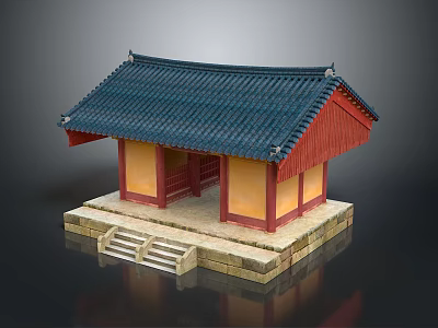 Traditional Asian Building Featuring Dark Blue Tile Roof Red Eaves Yellow Walls And Stone Steps 3d model