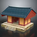 Traditional Asian Building Featuring Dark Blue Tile Roof Red Eaves Yellow Walls And Stone Steps