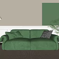 Elegant Green Velvet Two Seater Sofa with Floor Lamp Green Wall Art and Potted Plant