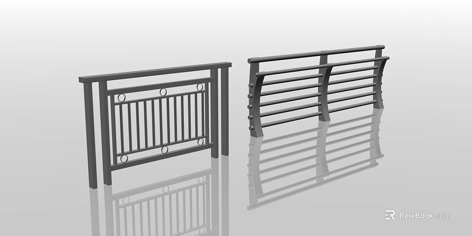 Modern Metal Fence Railings With Different Designs Circular Accents And Horizontal Bars 3d model 