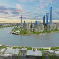 Detailed Aerial Planning of Urban Cityscape with River Skyscrapers Bridge and Green Spaces